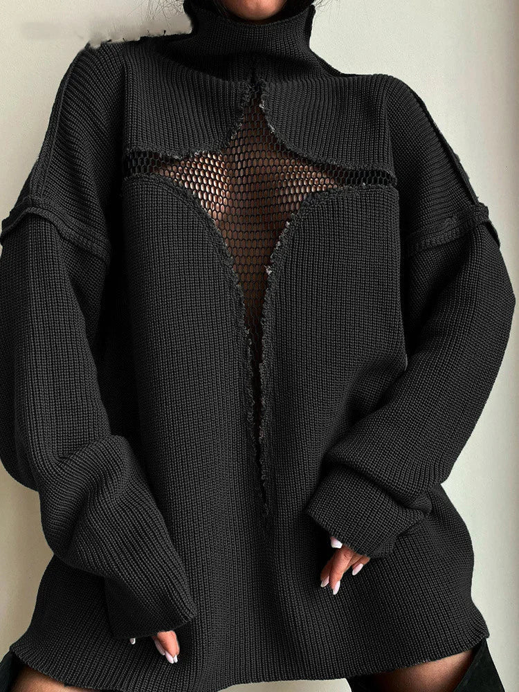 Hollow Out Mesh Patchwork Turtleneck Sweater