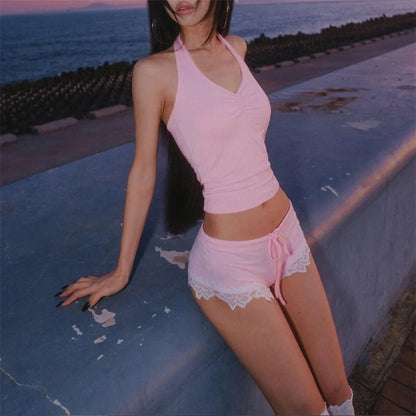 Y2k Pink Sleeveless Set - Halter Crop Top + Lace Trim Shorts