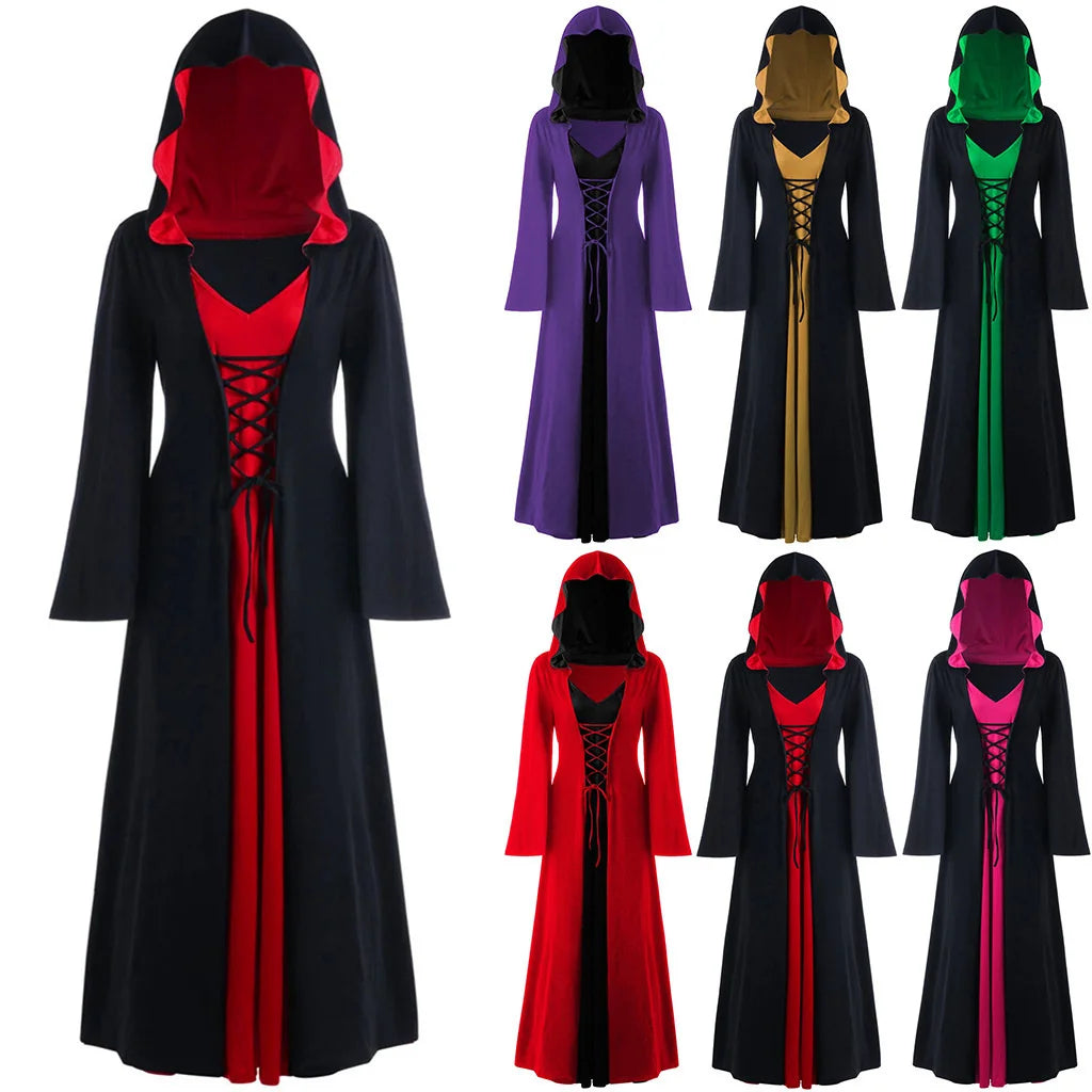 Medieval Vampire Witch Lace-Up Hooded Cloak Dress