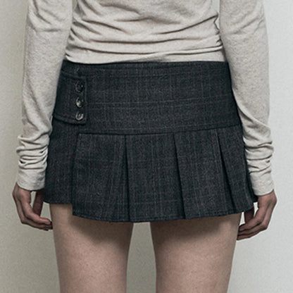 High Waist Preppy Style with Buttons Pleated Mini Skirt