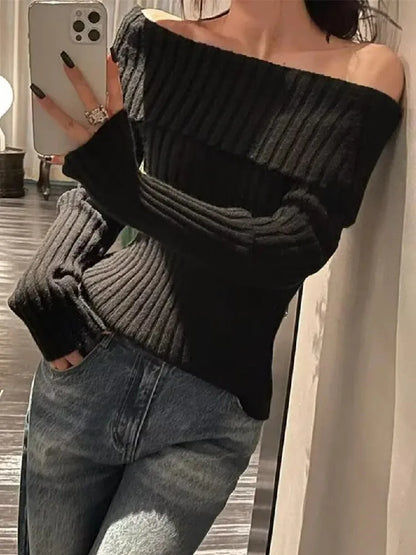 Off-the-Shoulder Rib-Knitted Pullover Sweater