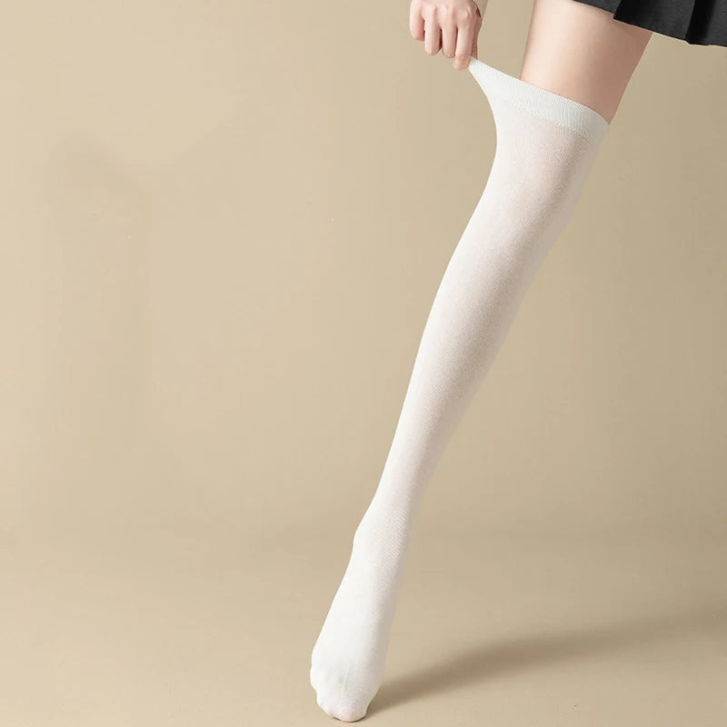 Black White Cotton Thigh Knee High Socks For School