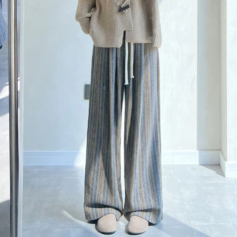 Woolen Striped Wide-Leg Pants