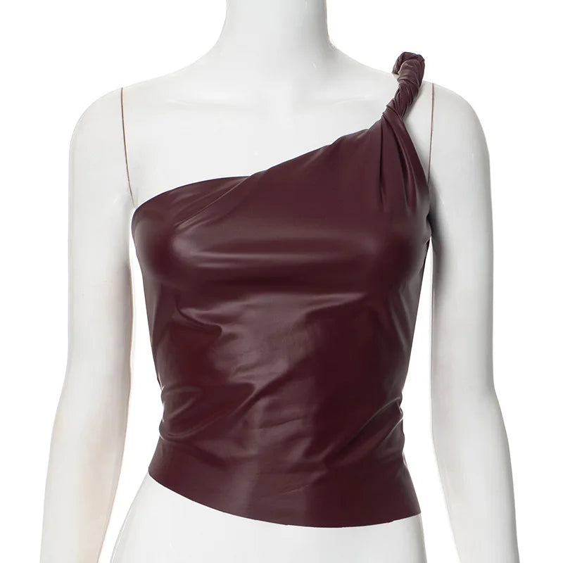 PU Leather One-Shoulder Ruched Tank Top