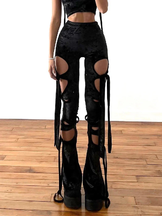 Grunge Dark Velvet Hollow Out Pants