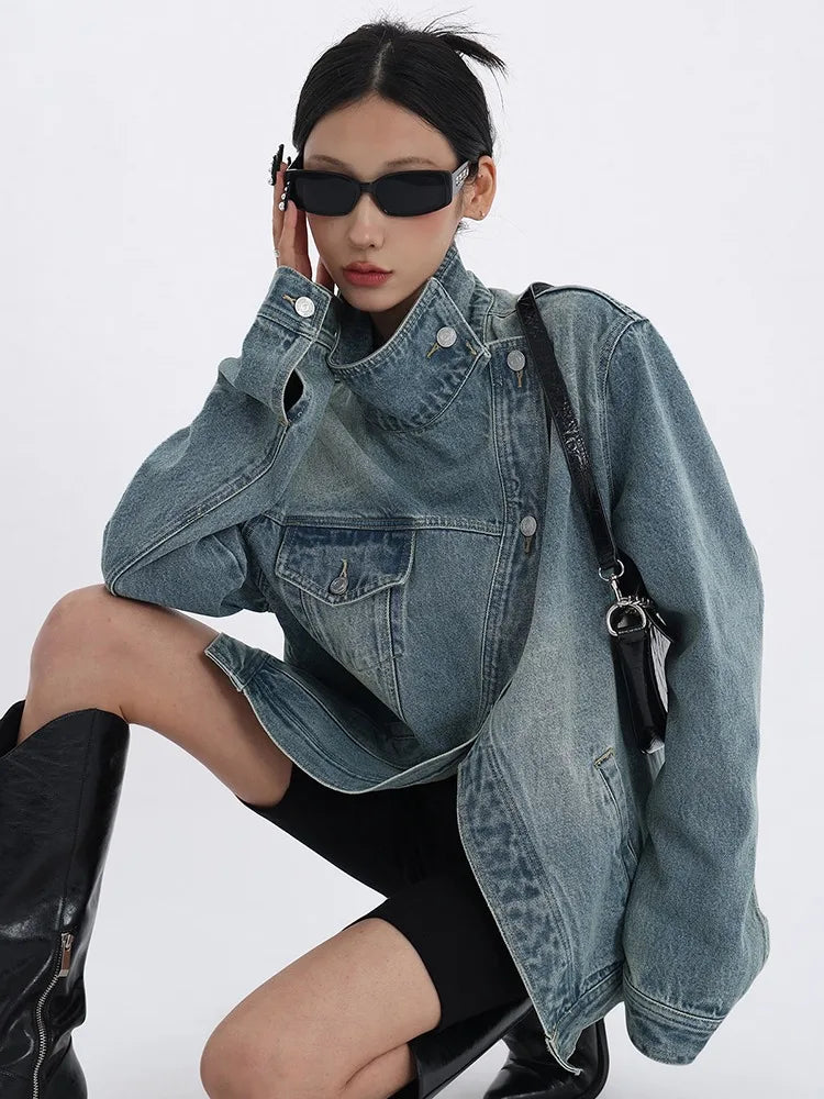 Denim Turtleneck Single Patchwork Jacket