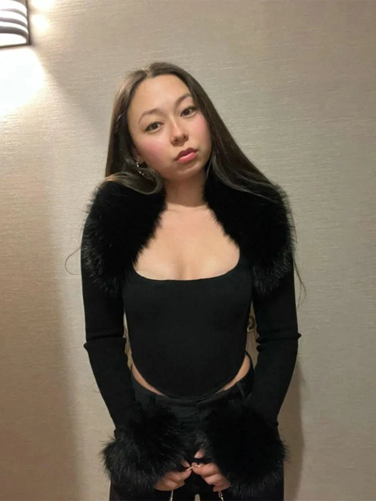 Fur Collar Knitted Crop Top Coat