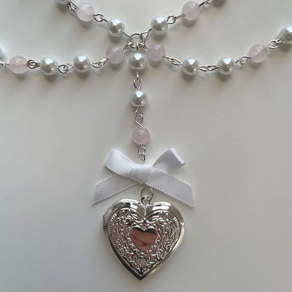 Pearl & Rose Quartz Heart Locket Necklace with Bow