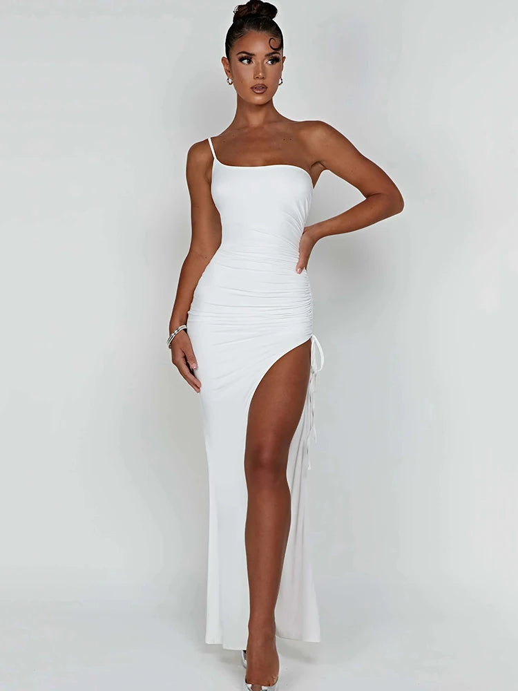 Drawstring High Slit One Shoulder Maxi Dress